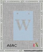A taped needlepoint canvas with the design: Banner 13 mesh count Squared W White on Light Blue.