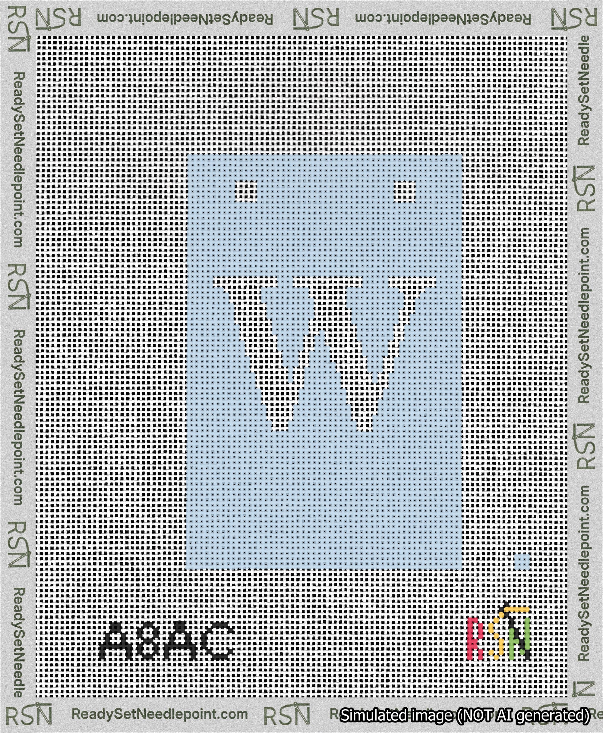 A taped needlepoint canvas with the design: Banner 13 mesh count Squared W White on Light Blue.