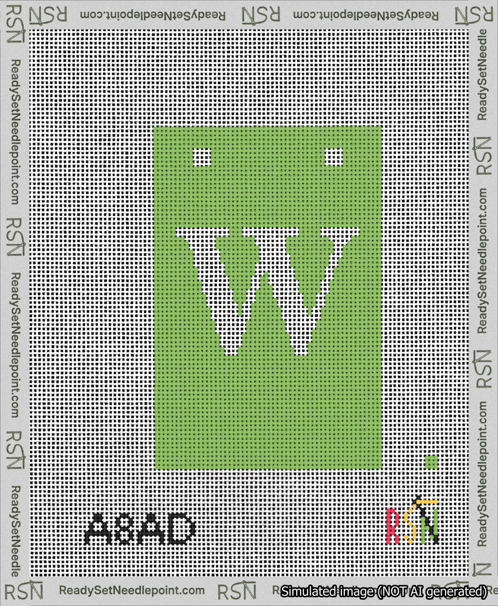 A taped needlepoint canvas with the design: Banner 13 mesh count Squared W White on Light Green.