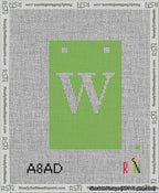 A taped needlepoint canvas with the design: Banner 13 mesh count Squared W White on Light Green.