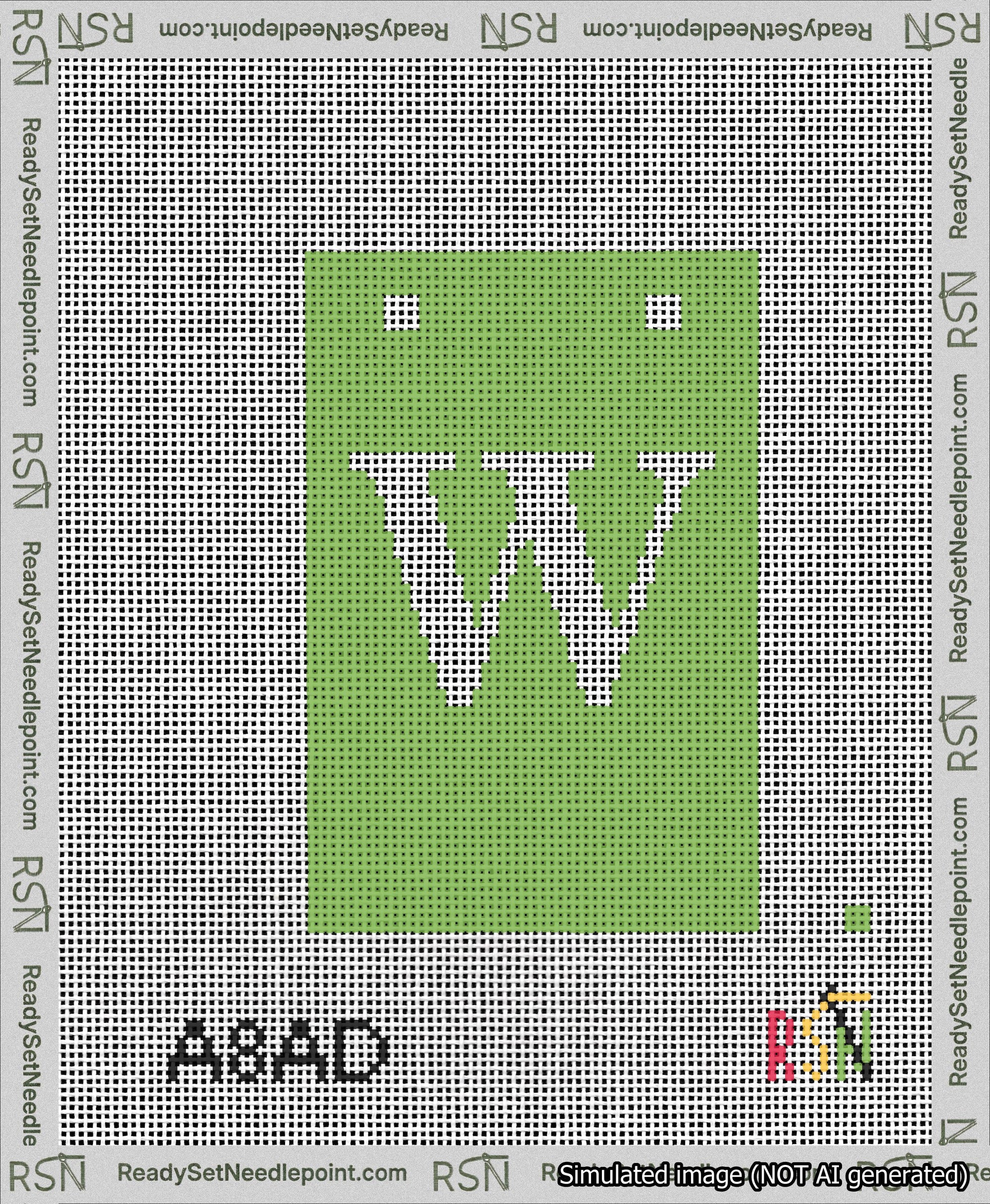 A taped needlepoint canvas with the design: Banner 13 mesh count Squared W White on Light Green.