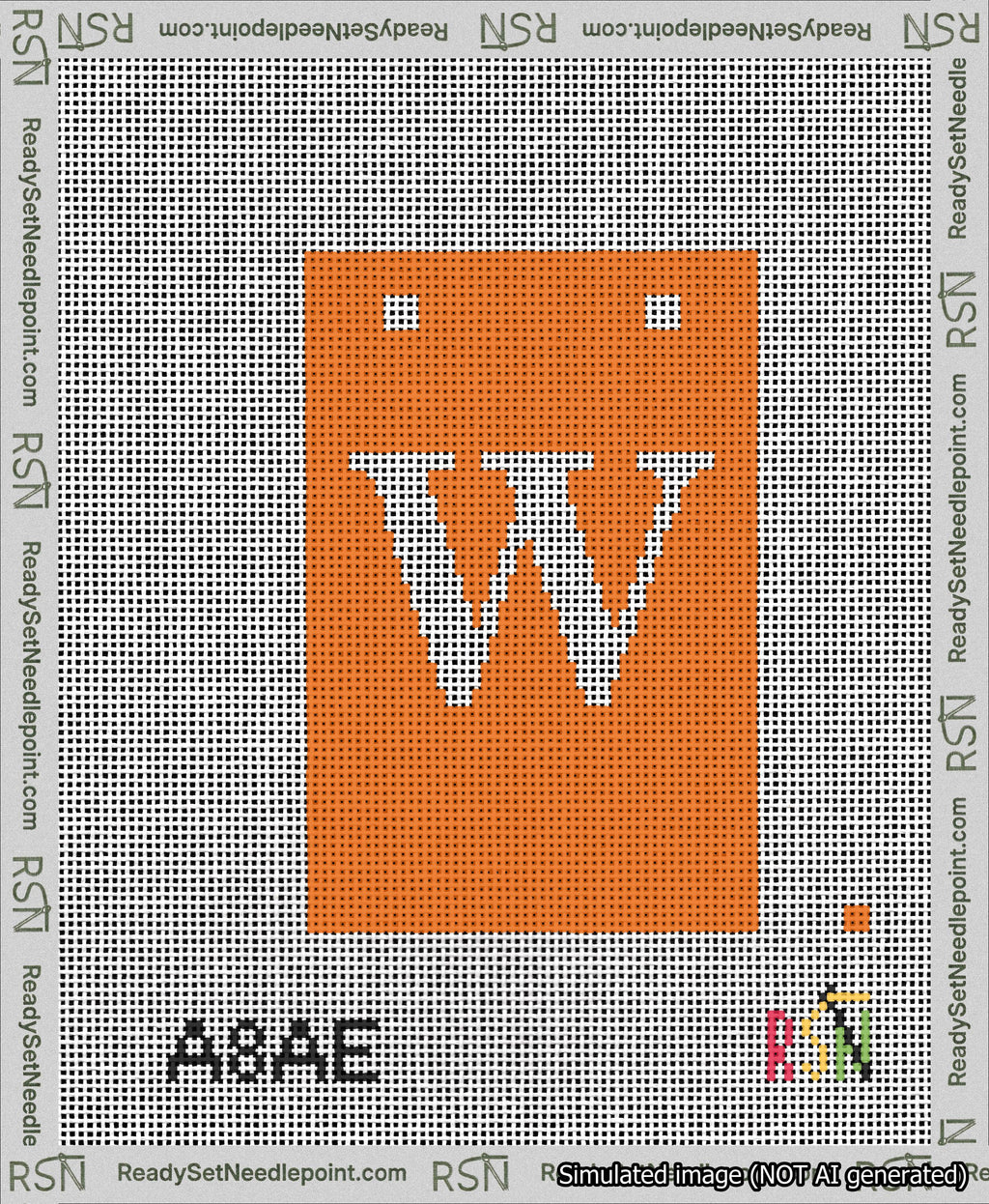 A taped needlepoint canvas with the design: Banner 13 mesh count Squared W White on Orange.