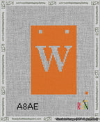 A taped needlepoint canvas with the design: Banner 13 mesh count Squared W White on Orange.