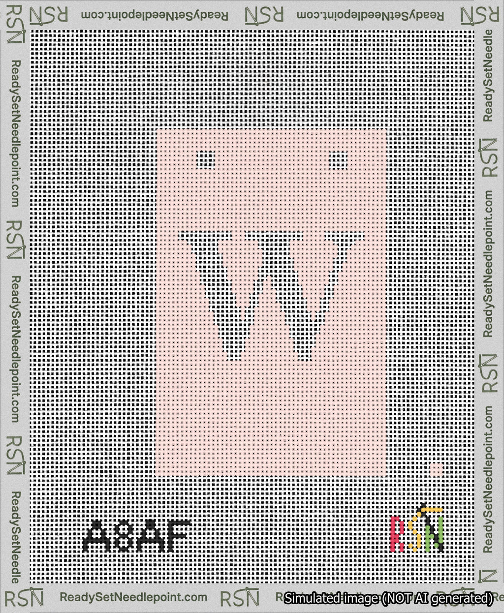 A taped needlepoint canvas with the design: Banner 13 mesh count Squared W White on Pink.