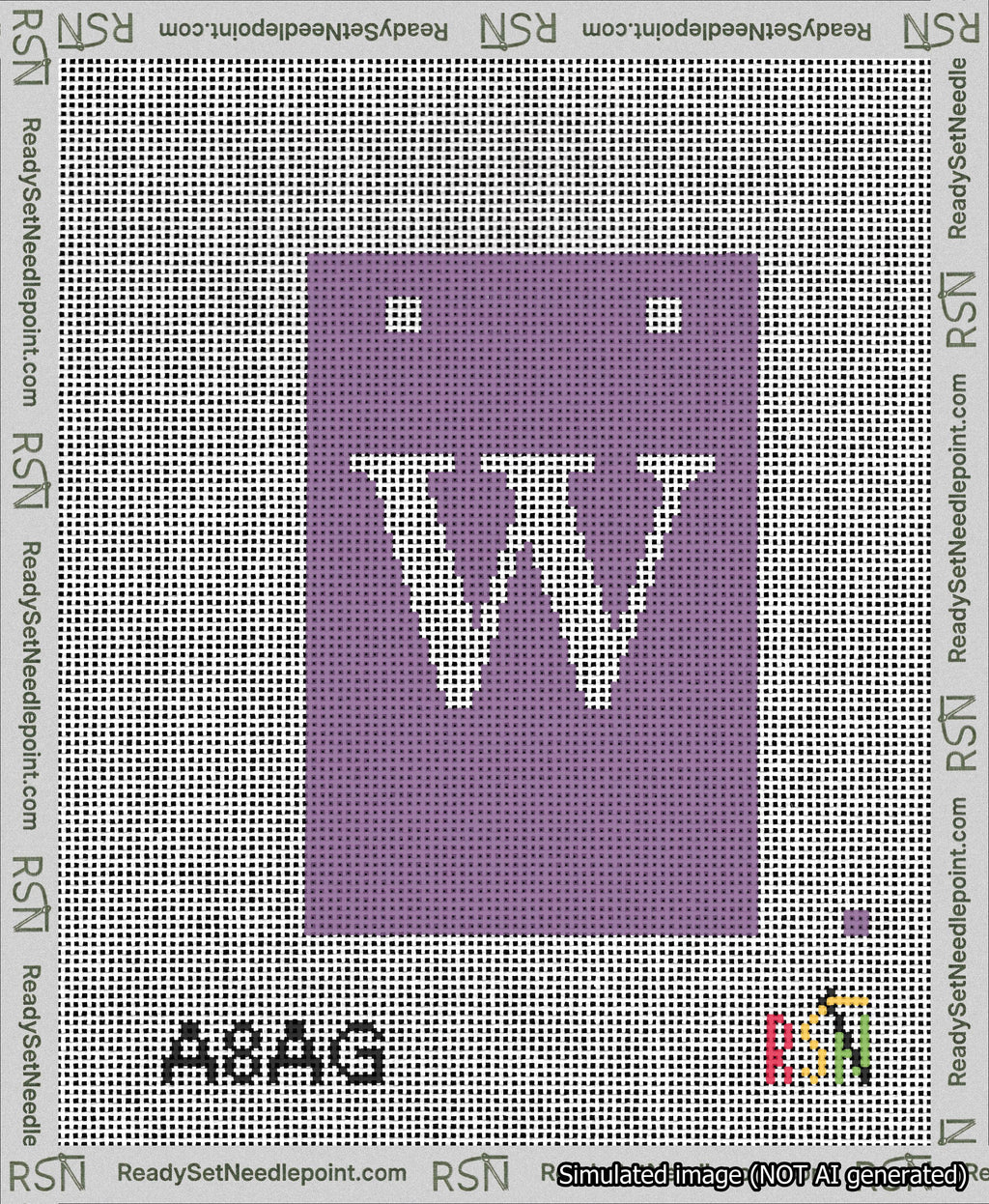 A taped needlepoint canvas with the design: Banner 13 mesh count Squared W White on Purple.