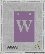 A taped needlepoint canvas with the design: Banner 13 mesh count Squared W White on Purple.