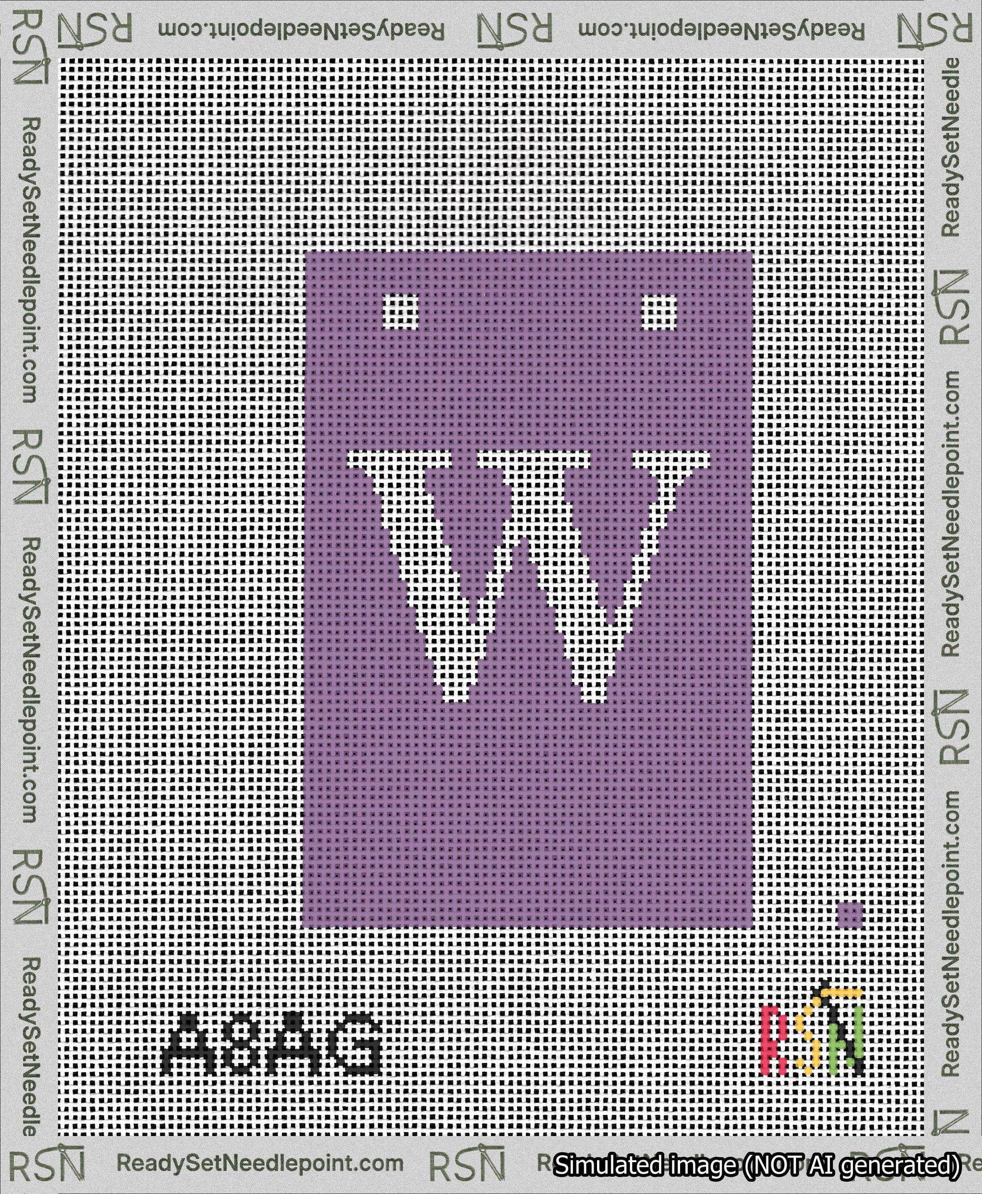 A taped needlepoint canvas with the design: Banner 13 mesh count Squared W White on Purple.