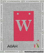 A taped needlepoint canvas with the design: Banner 13 mesh count Squared W White on Red.