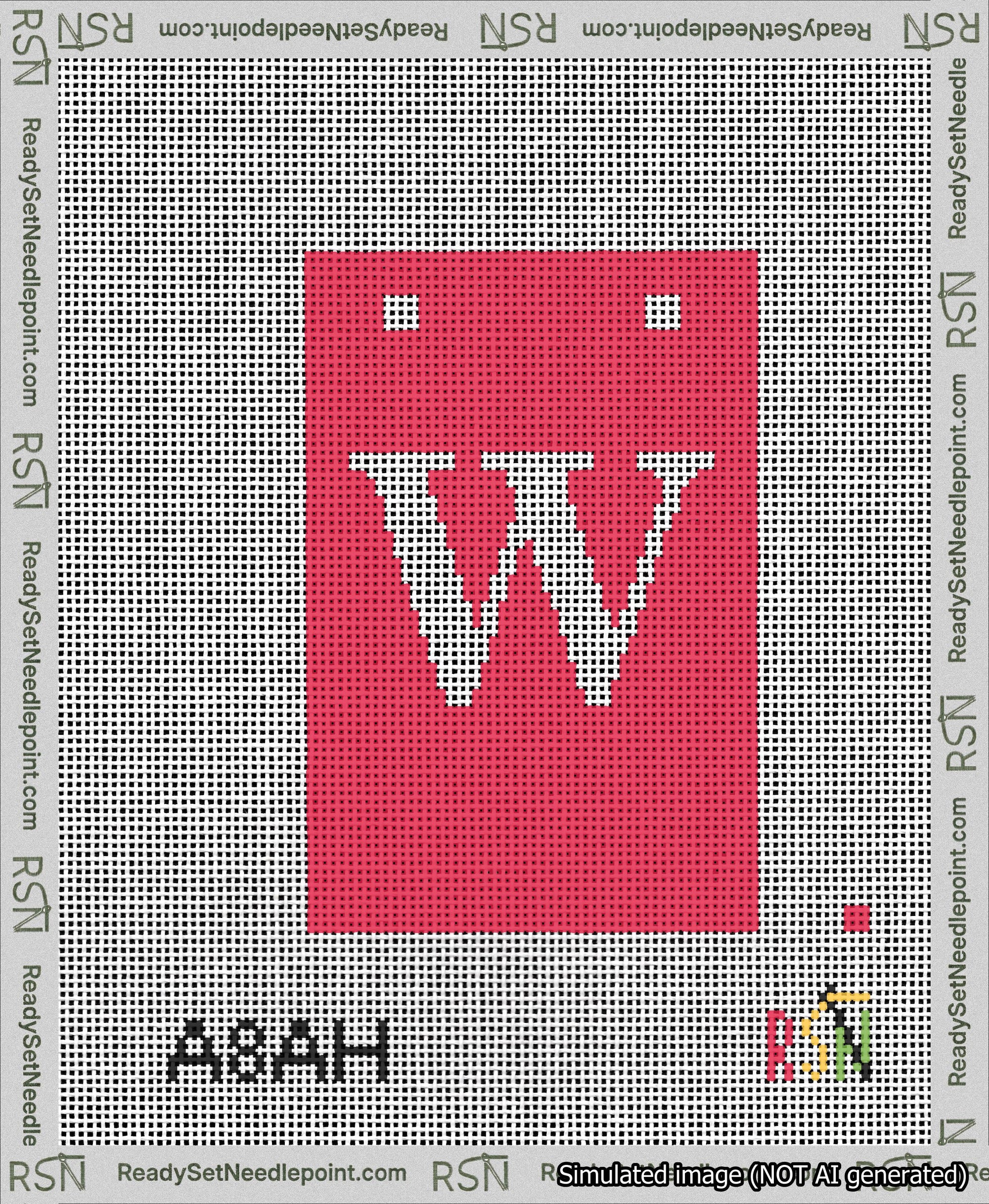 A taped needlepoint canvas with the design: Banner 13 mesh count Squared W White on Red.