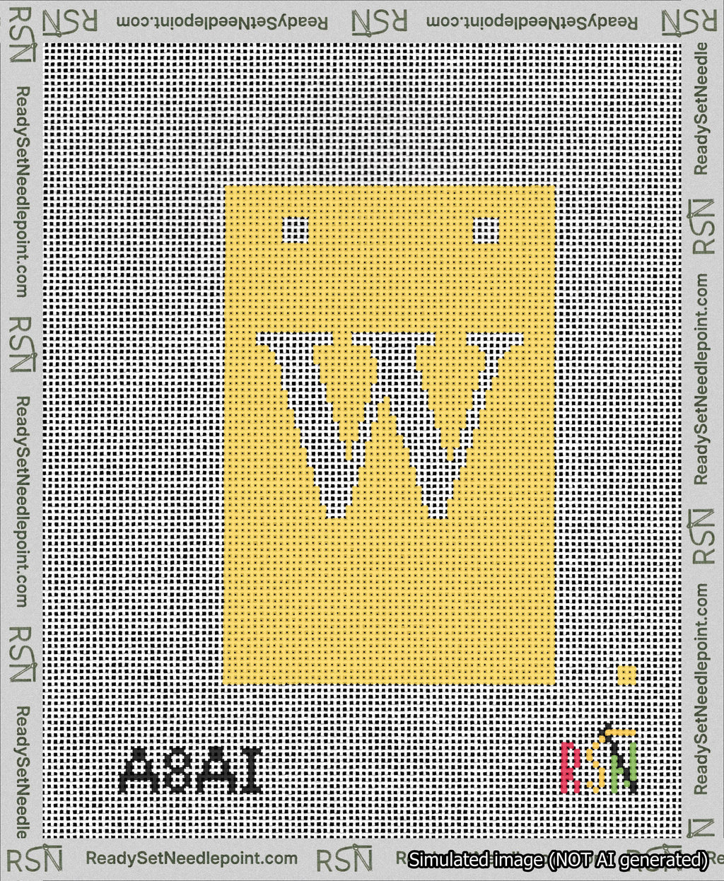 A taped needlepoint canvas with the design: Banner 13 mesh count Squared W White on Yellow.