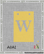 A taped needlepoint canvas with the design: Banner 13 mesh count Squared W White on Yellow.
