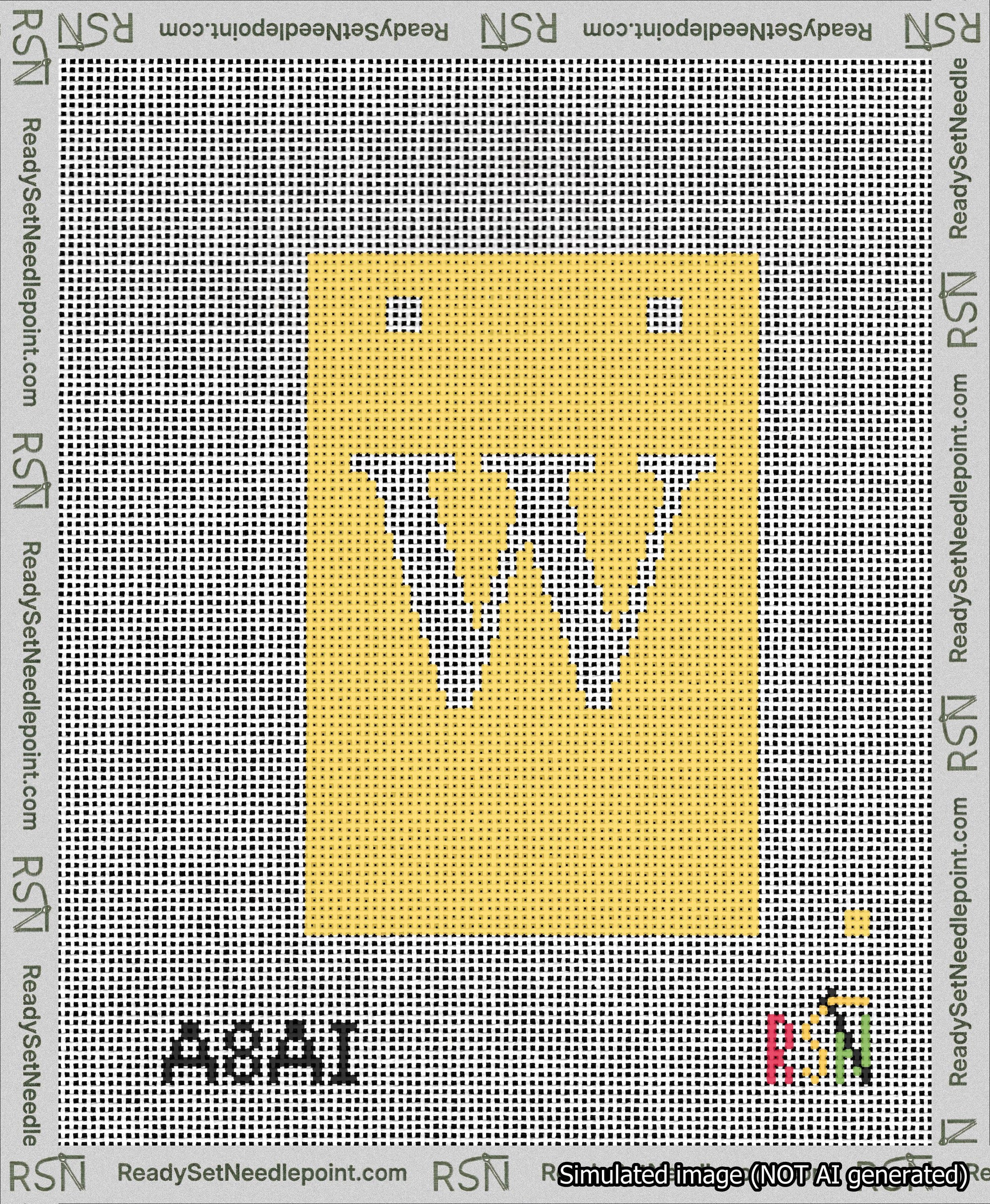 A taped needlepoint canvas with the design: Banner 13 mesh count Squared W White on Yellow.