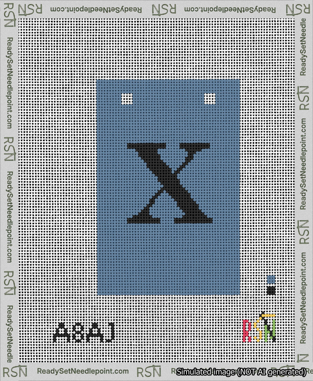 A taped needlepoint canvas with the design: Banner 13 mesh count Squared X Black on Blue.