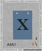A taped needlepoint canvas with the design: Banner 13 mesh count Squared X Black on Blue.