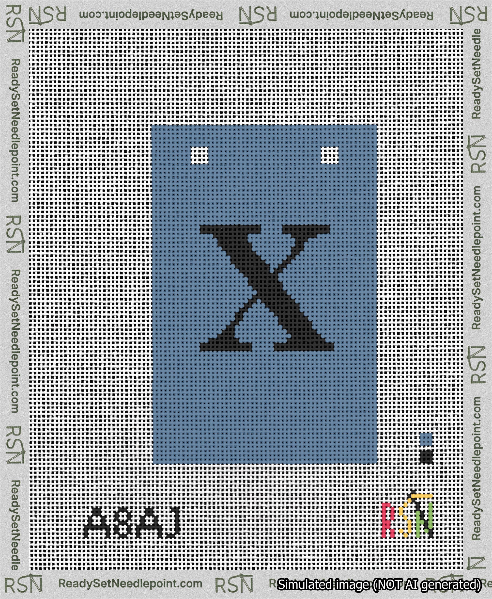 A taped needlepoint canvas with the design: Banner 13 mesh count Squared X Black on Blue.