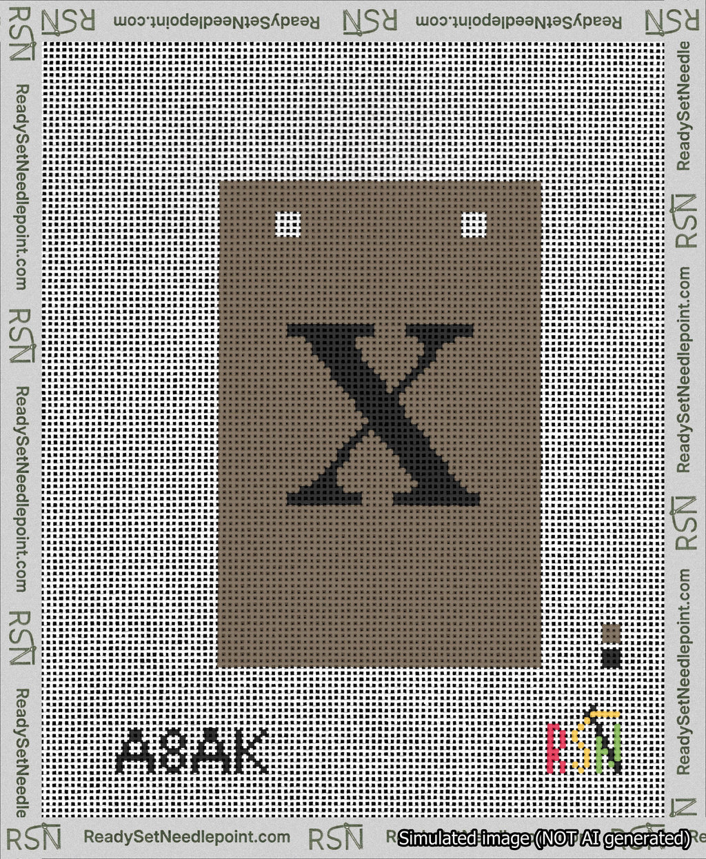 A taped needlepoint canvas with the design: Banner 13 mesh count Squared X Black on Brown.