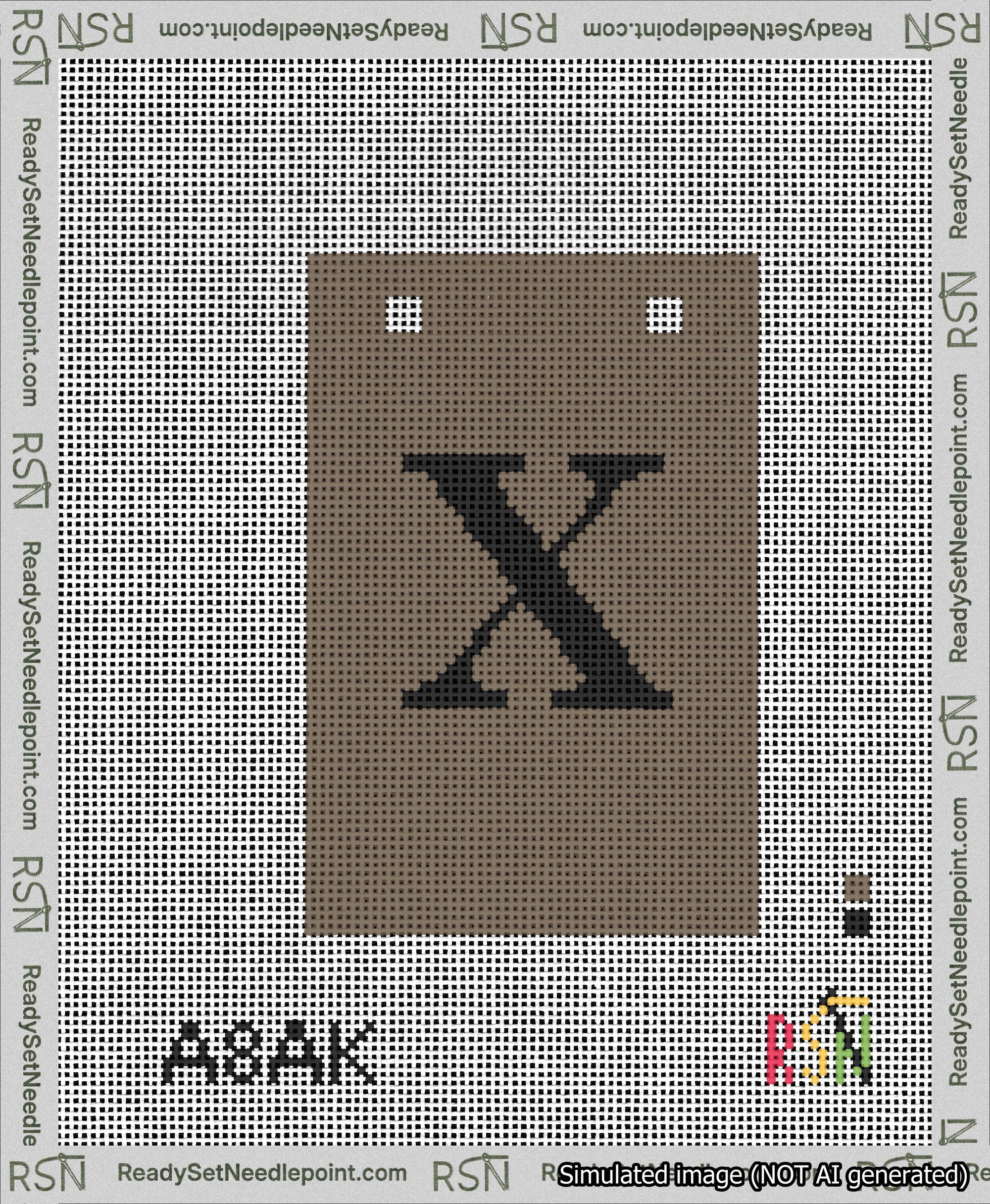 A taped needlepoint canvas with the design: Banner 13 mesh count Squared X Black on Brown.
