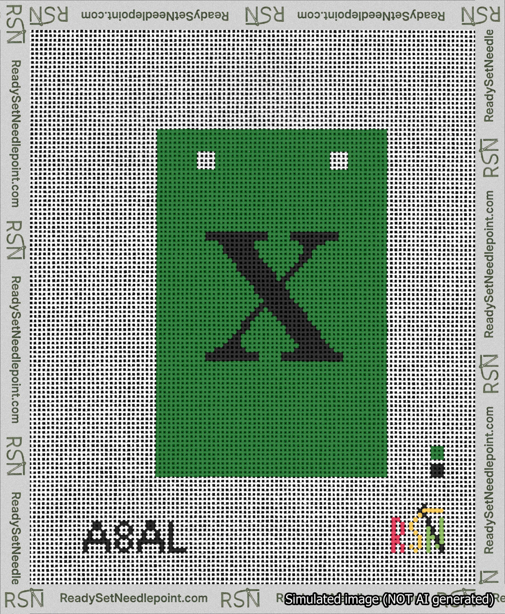 A taped needlepoint canvas with the design: Banner 13 mesh count Squared X Black on Green.