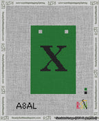 A taped needlepoint canvas with the design: Banner 13 mesh count Squared X Black on Green.