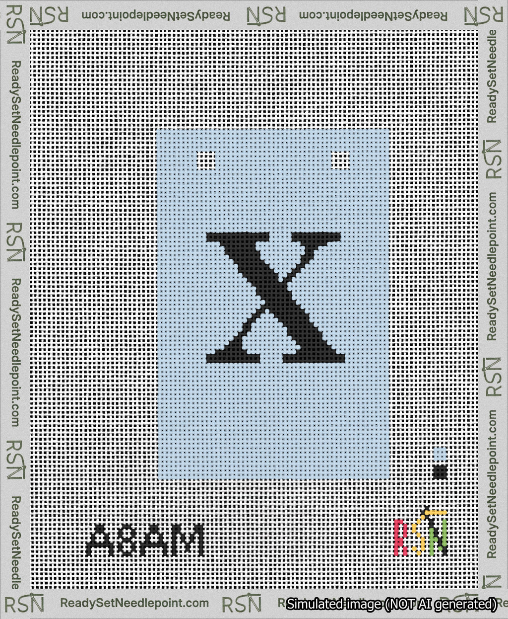 A taped needlepoint canvas with the design: Banner 13 mesh count Squared X Black on Light Blue.