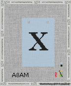 A taped needlepoint canvas with the design: Banner 13 mesh count Squared X Black on Light Blue.