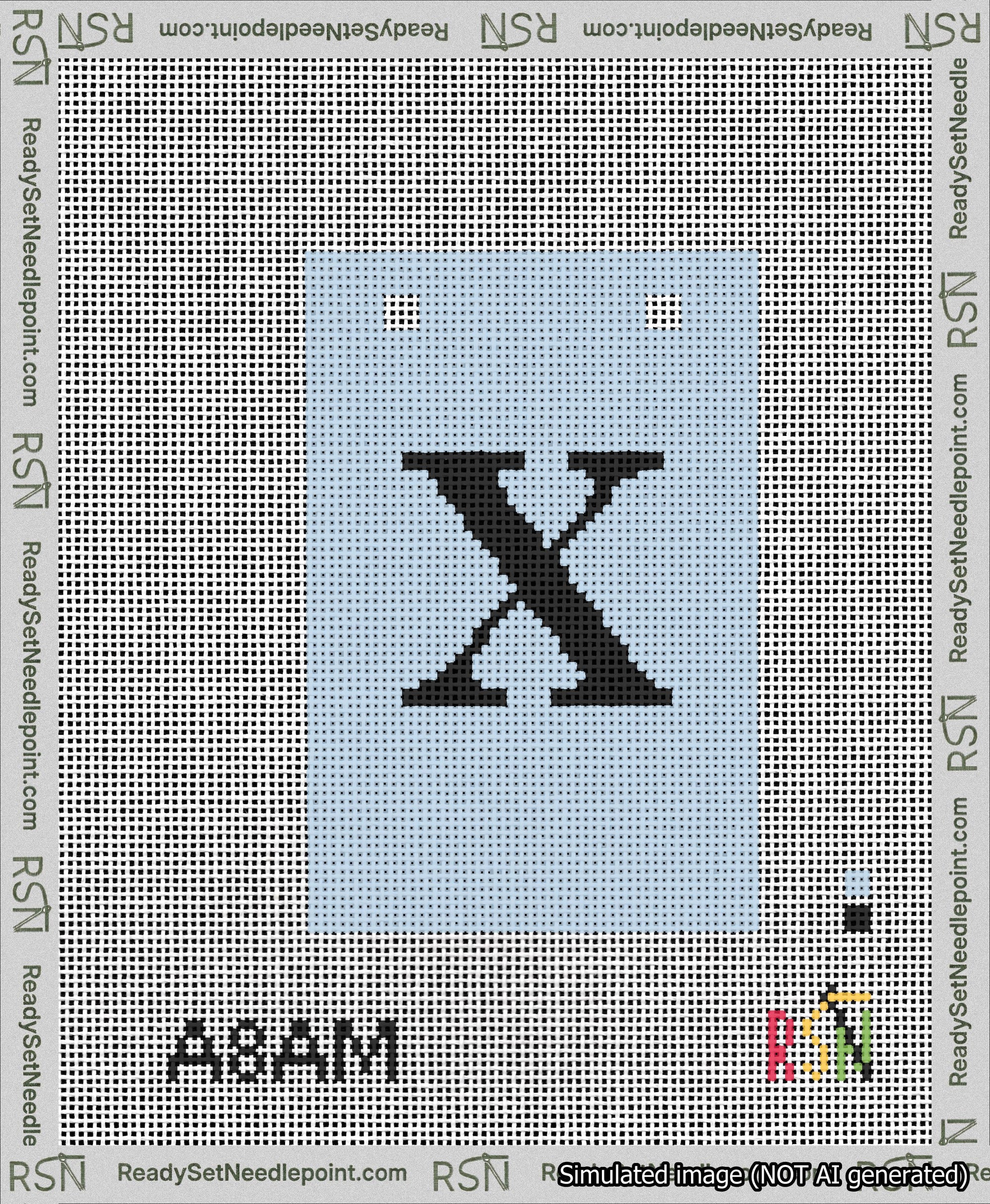 A taped needlepoint canvas with the design: Banner 13 mesh count Squared X Black on Light Blue.