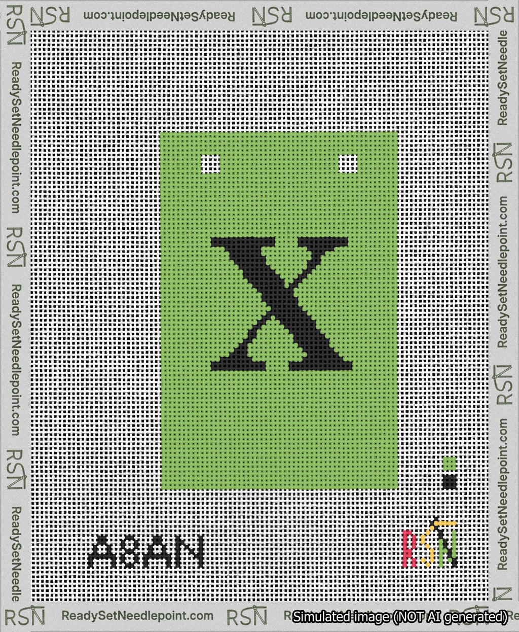 A taped needlepoint canvas with the design: Banner 13 mesh count Squared X Black on Light Green.