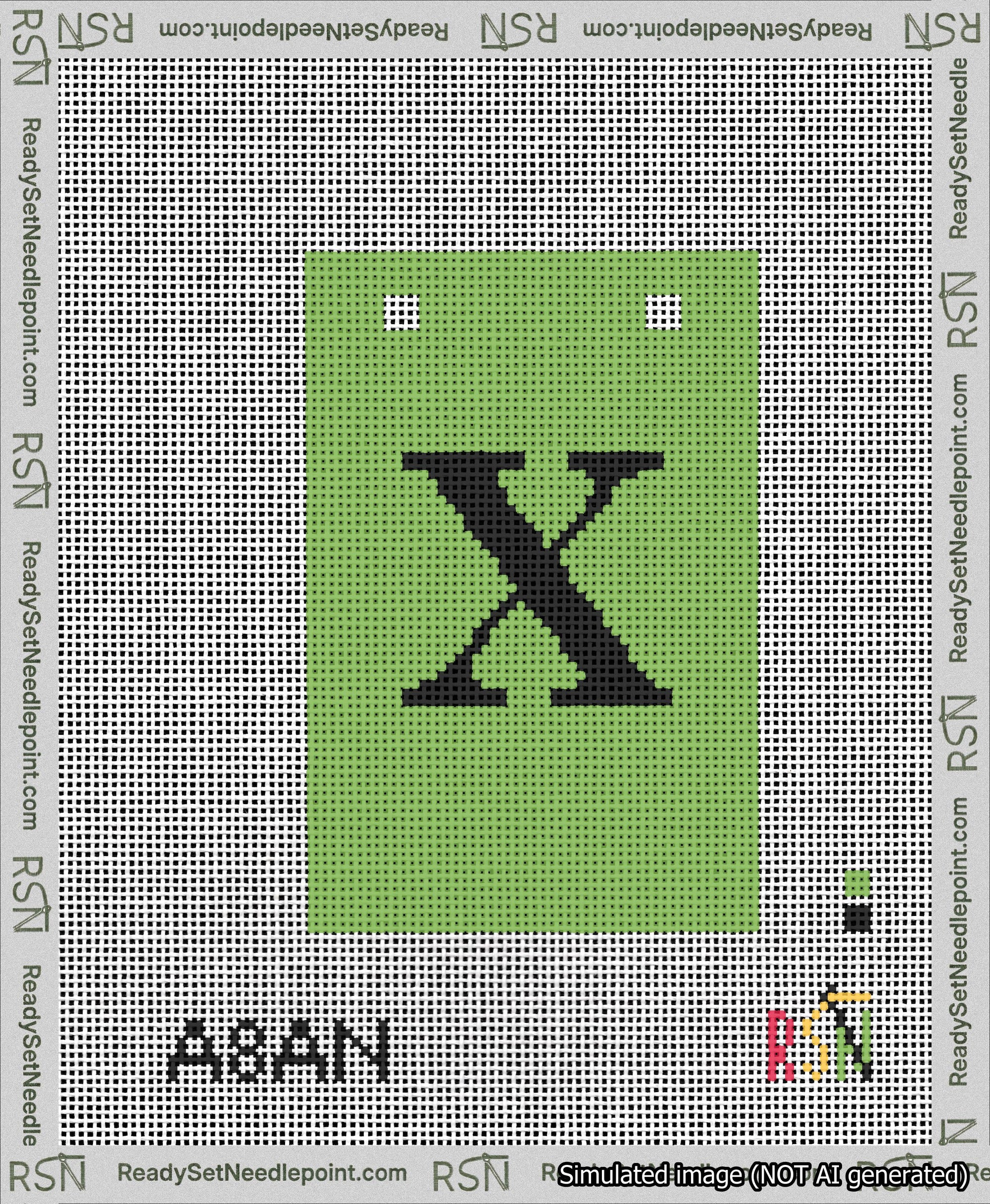A taped needlepoint canvas with the design: Banner 13 mesh count Squared X Black on Light Green.
