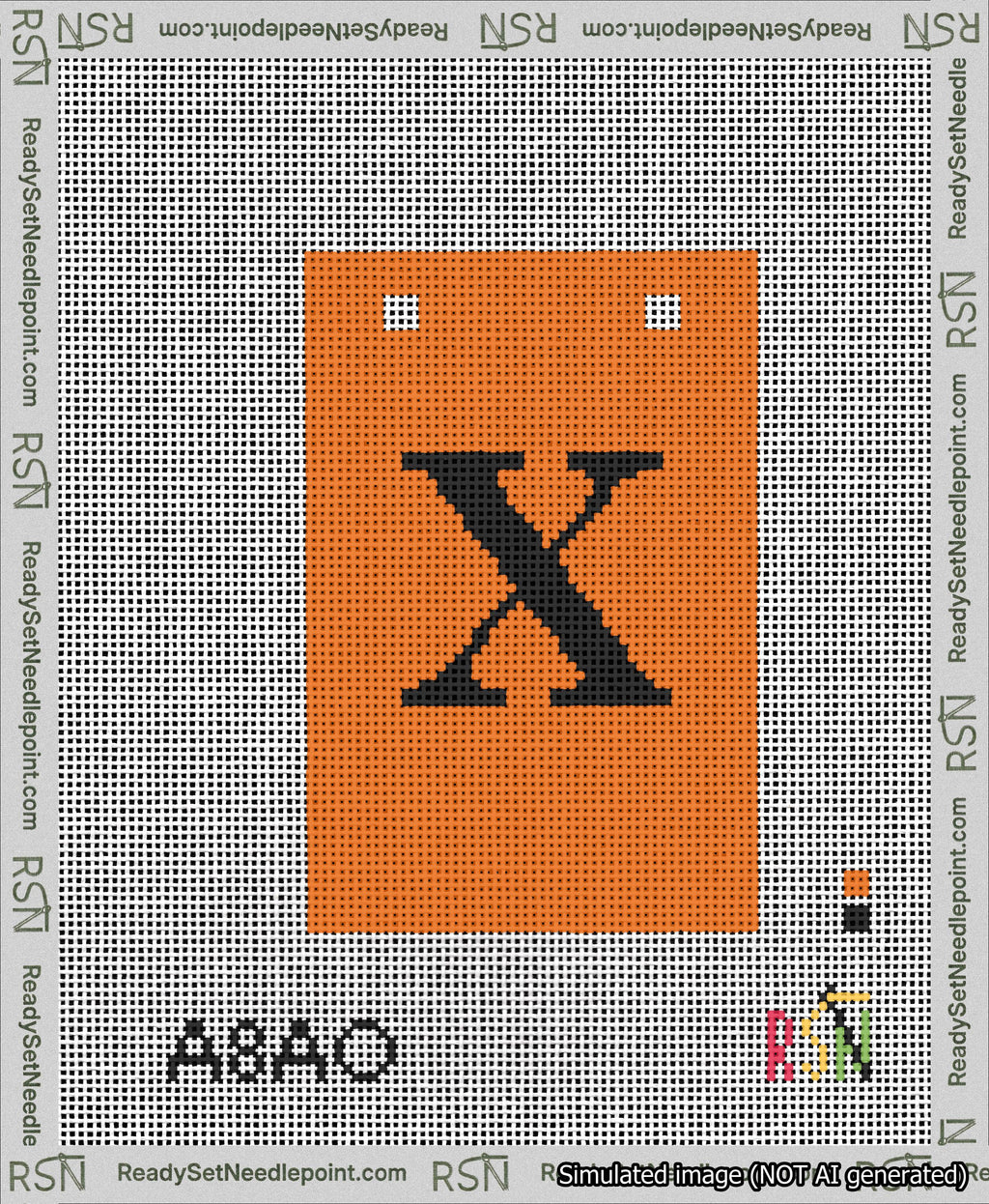 A taped needlepoint canvas with the design: Banner 13 mesh count Squared X Black on Orange.