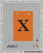 A taped needlepoint canvas with the design: Banner 13 mesh count Squared X Black on Orange.