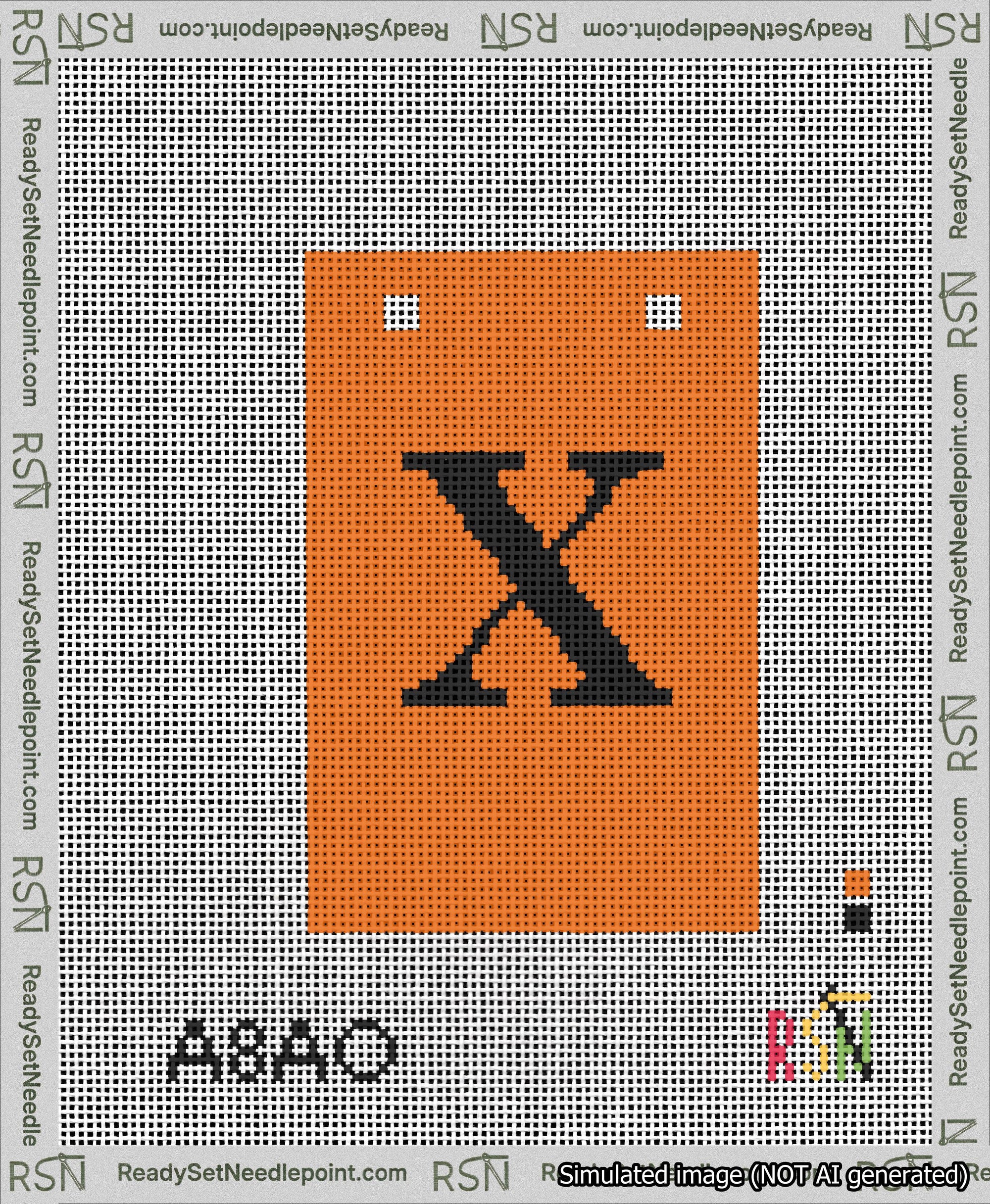 A taped needlepoint canvas with the design: Banner 13 mesh count Squared X Black on Orange.