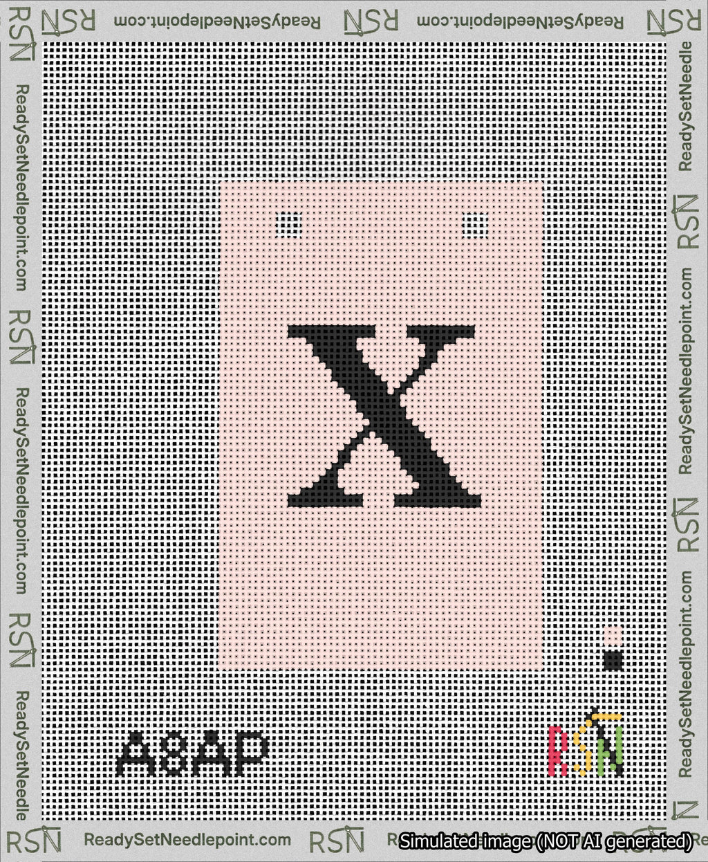 A taped needlepoint canvas with the design: Banner 13 mesh count Squared X Black on Pink.
