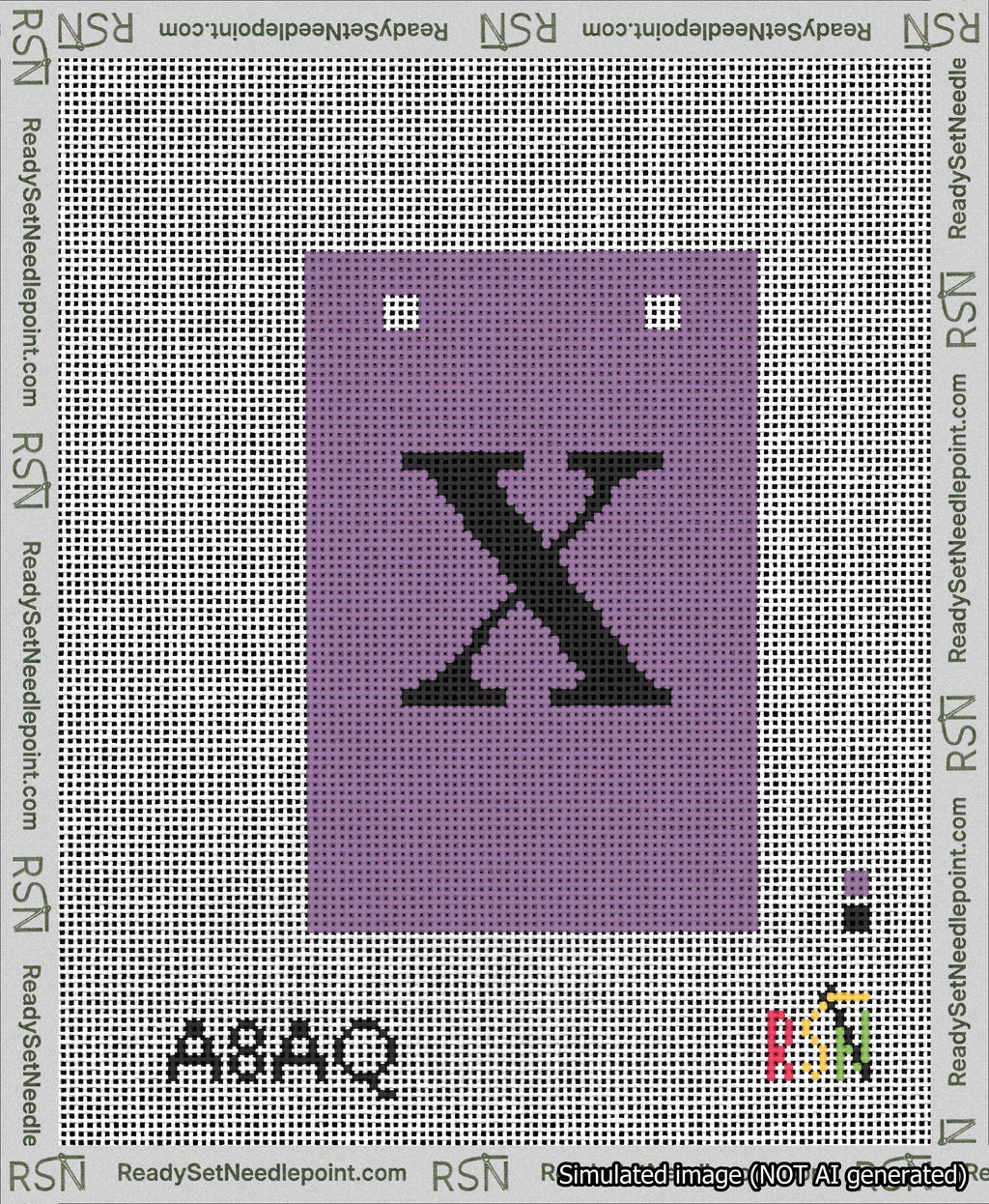 A taped needlepoint canvas with the design: Banner 13 mesh count Squared X Black on Purple.