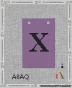 A taped needlepoint canvas with the design: Banner 13 mesh count Squared X Black on Purple.