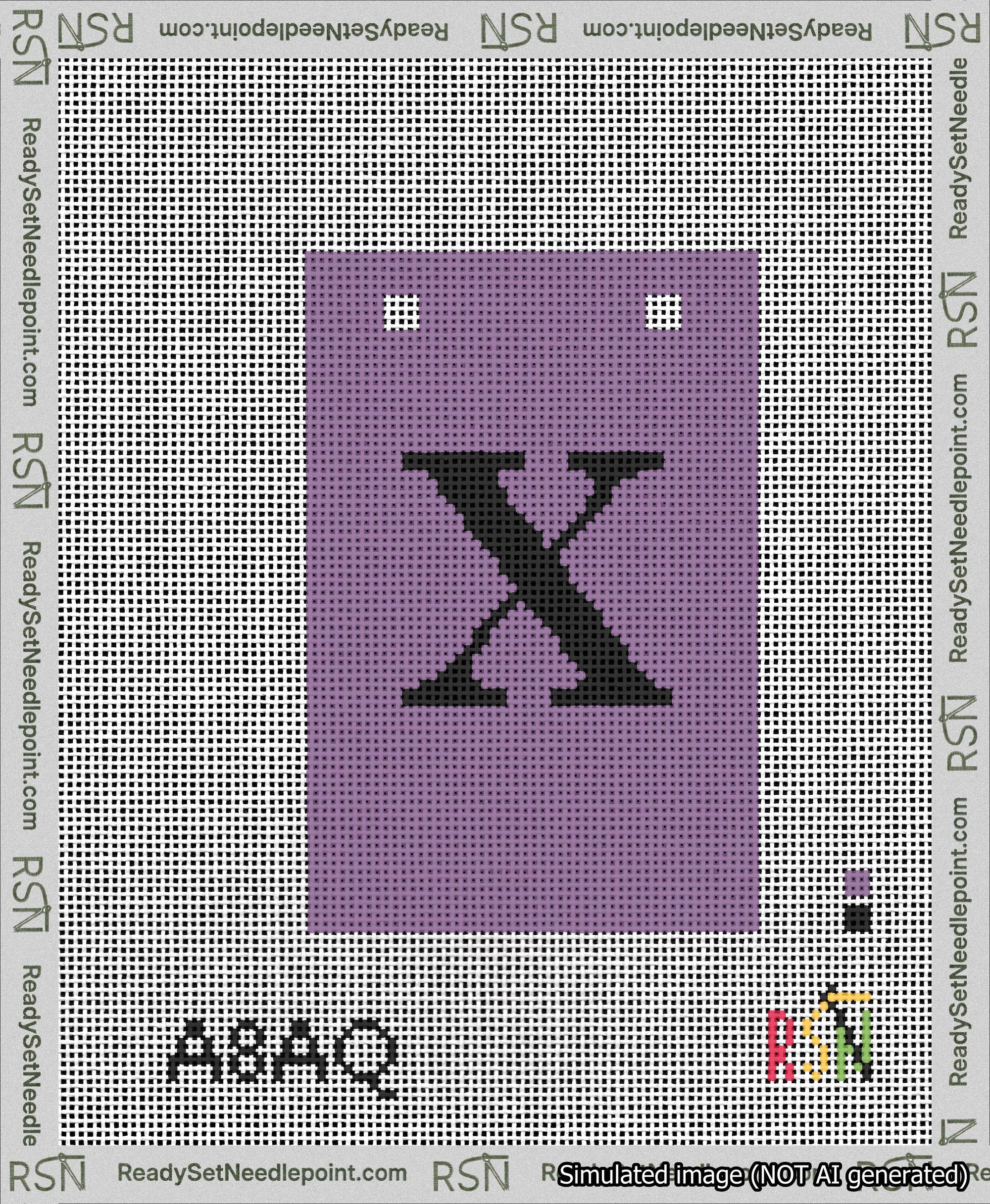 A taped needlepoint canvas with the design: Banner 13 mesh count Squared X Black on Purple.