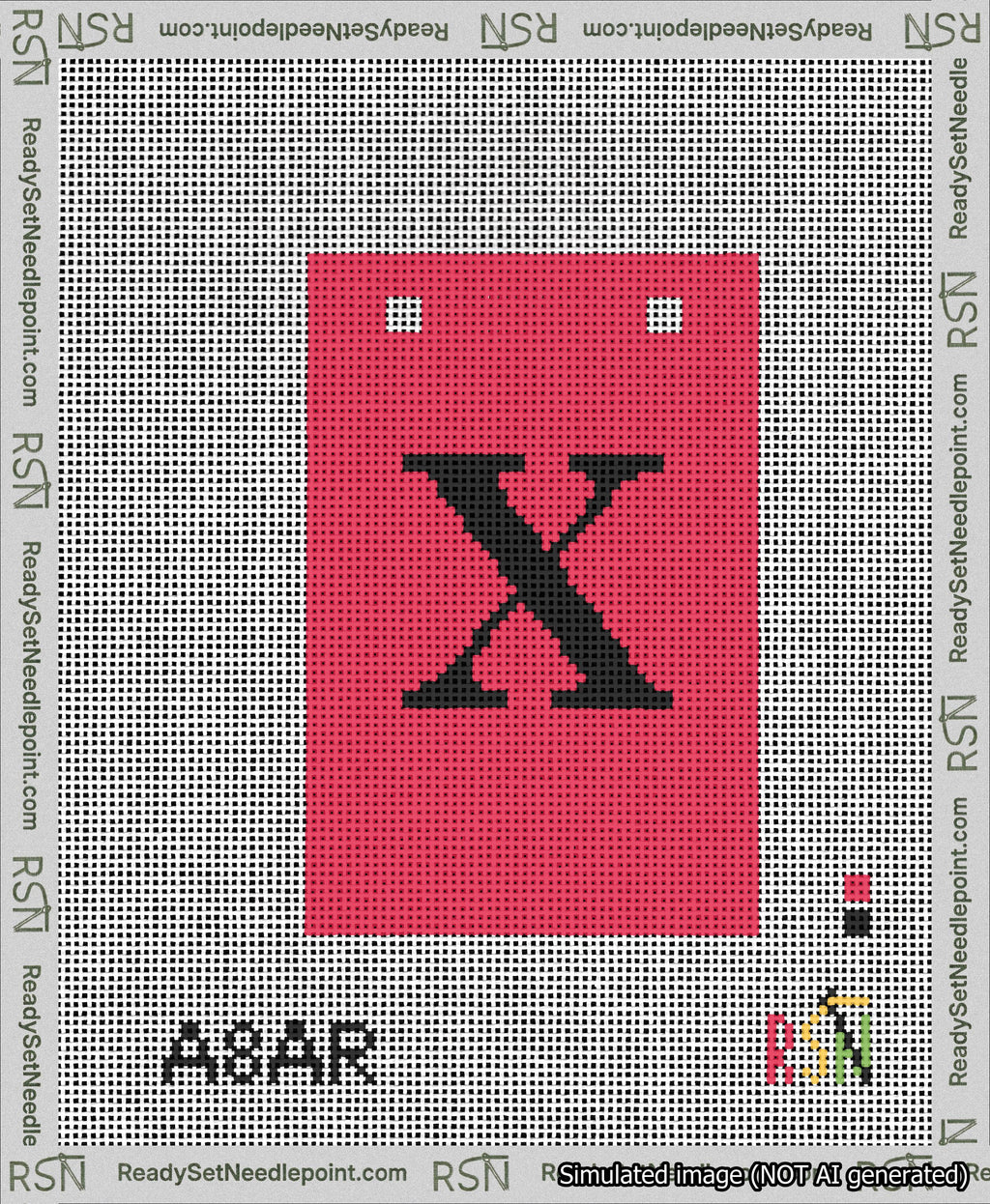 A taped needlepoint canvas with the design: Banner 13 mesh count Squared X Black on Red.