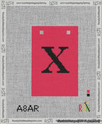 A taped needlepoint canvas with the design: Banner 13 mesh count Squared X Black on Red.
