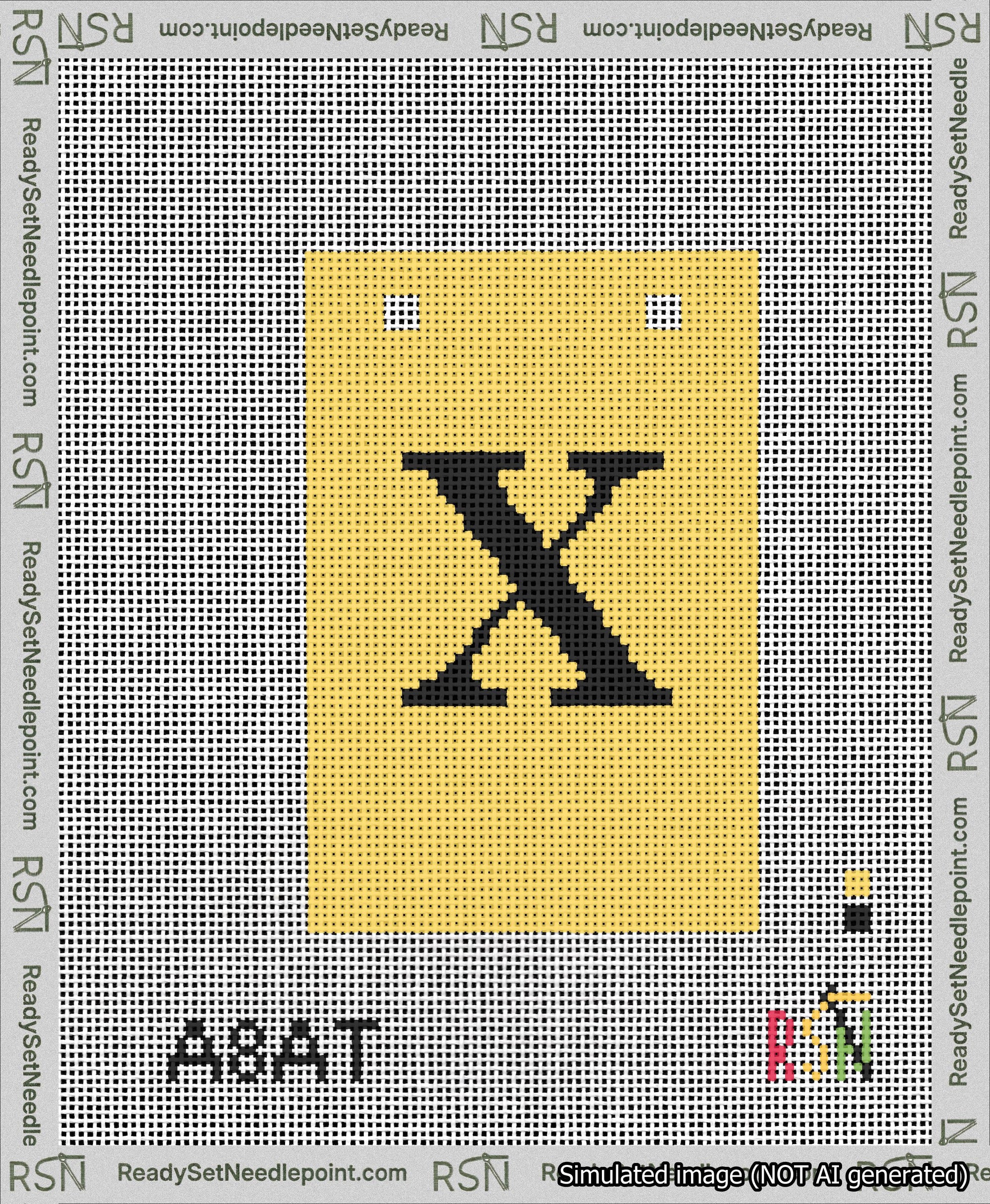 A taped needlepoint canvas with the design: Banner 13 mesh count Squared X Black on Yellow.