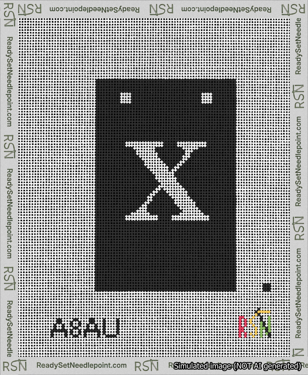A taped needlepoint canvas with the design: Banner 13 mesh count Squared X White on Black.