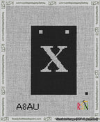 A taped needlepoint canvas with the design: Banner 13 mesh count Squared X White on Black.