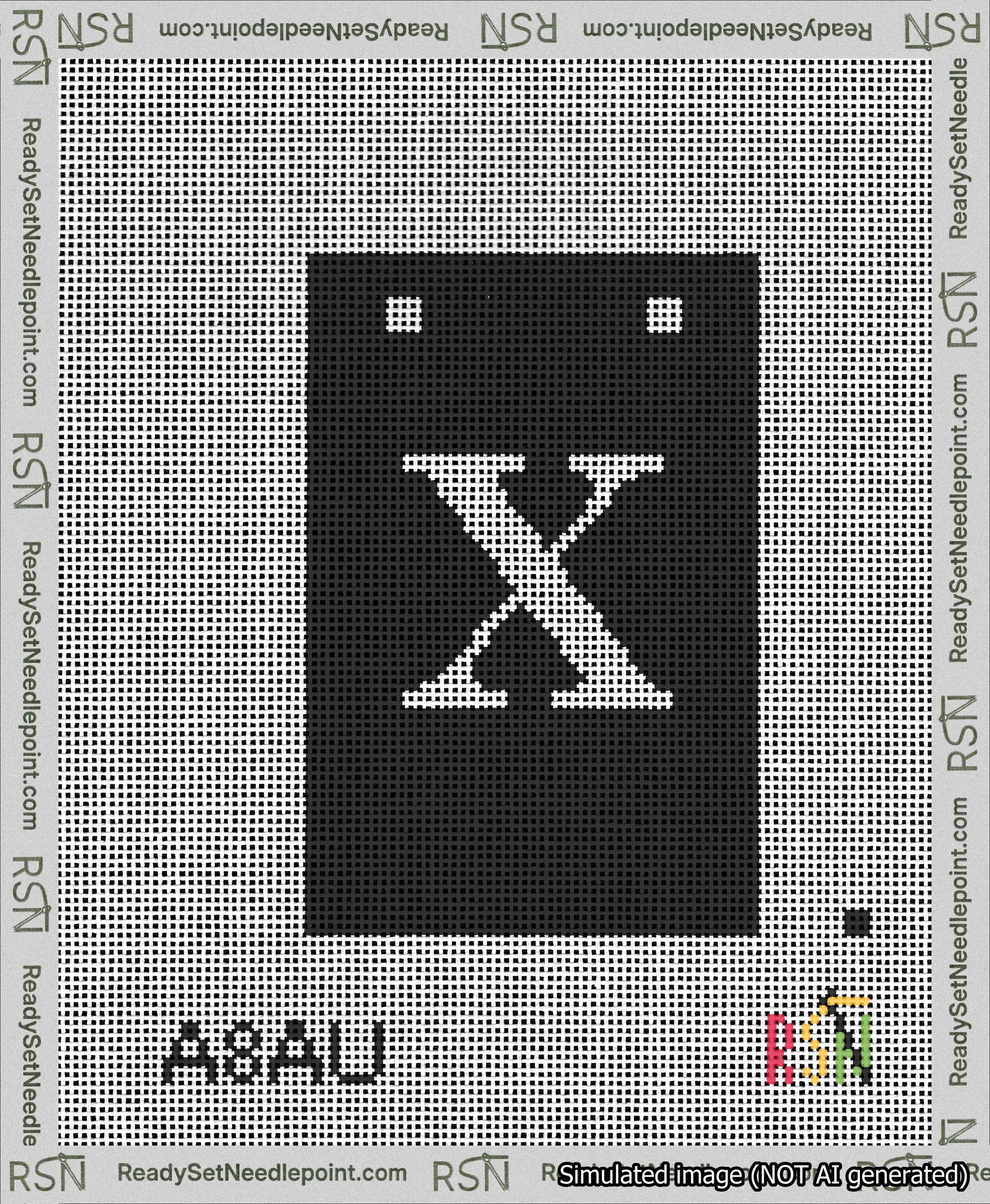 A taped needlepoint canvas with the design: Banner 13 mesh count Squared X White on Black.