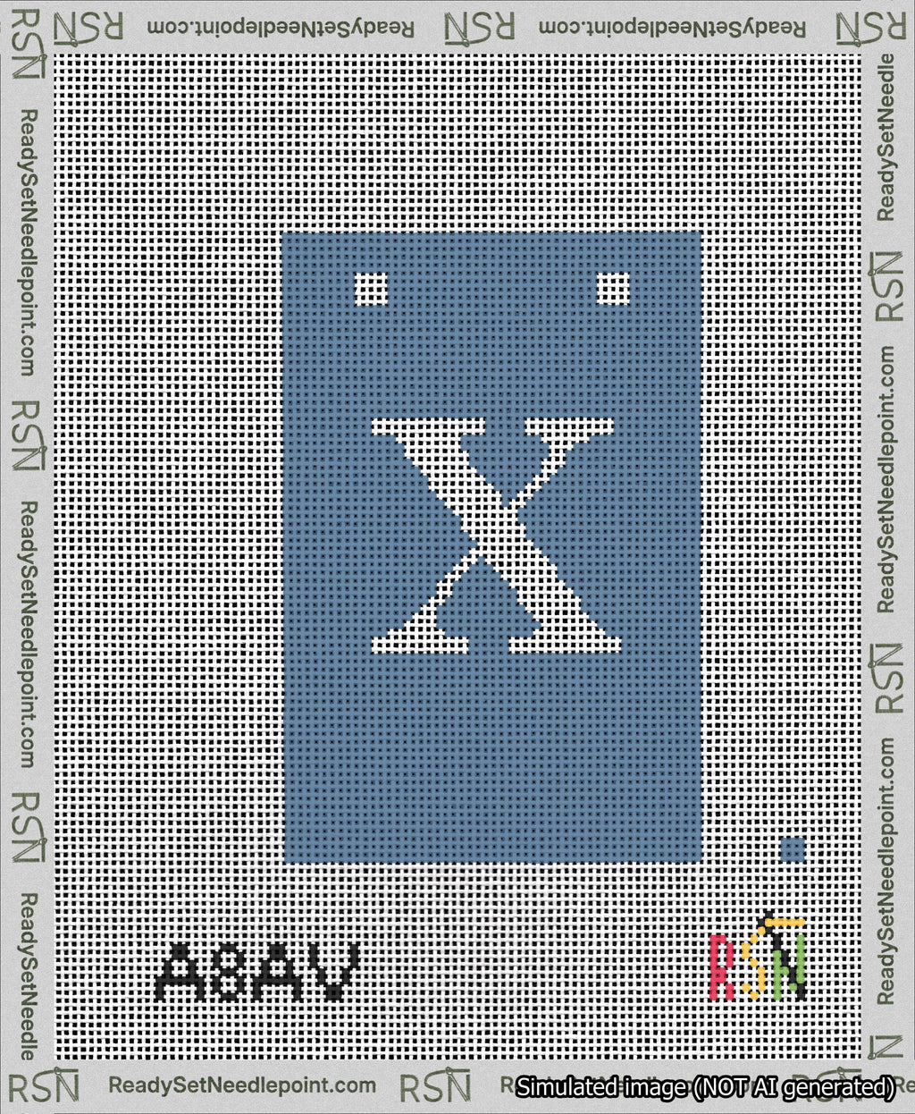 A taped needlepoint canvas with the design: Banner 13 mesh count Squared X White on Blue.