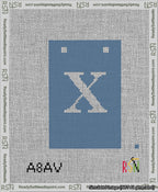 A taped needlepoint canvas with the design: Banner 13 mesh count Squared X White on Blue.
