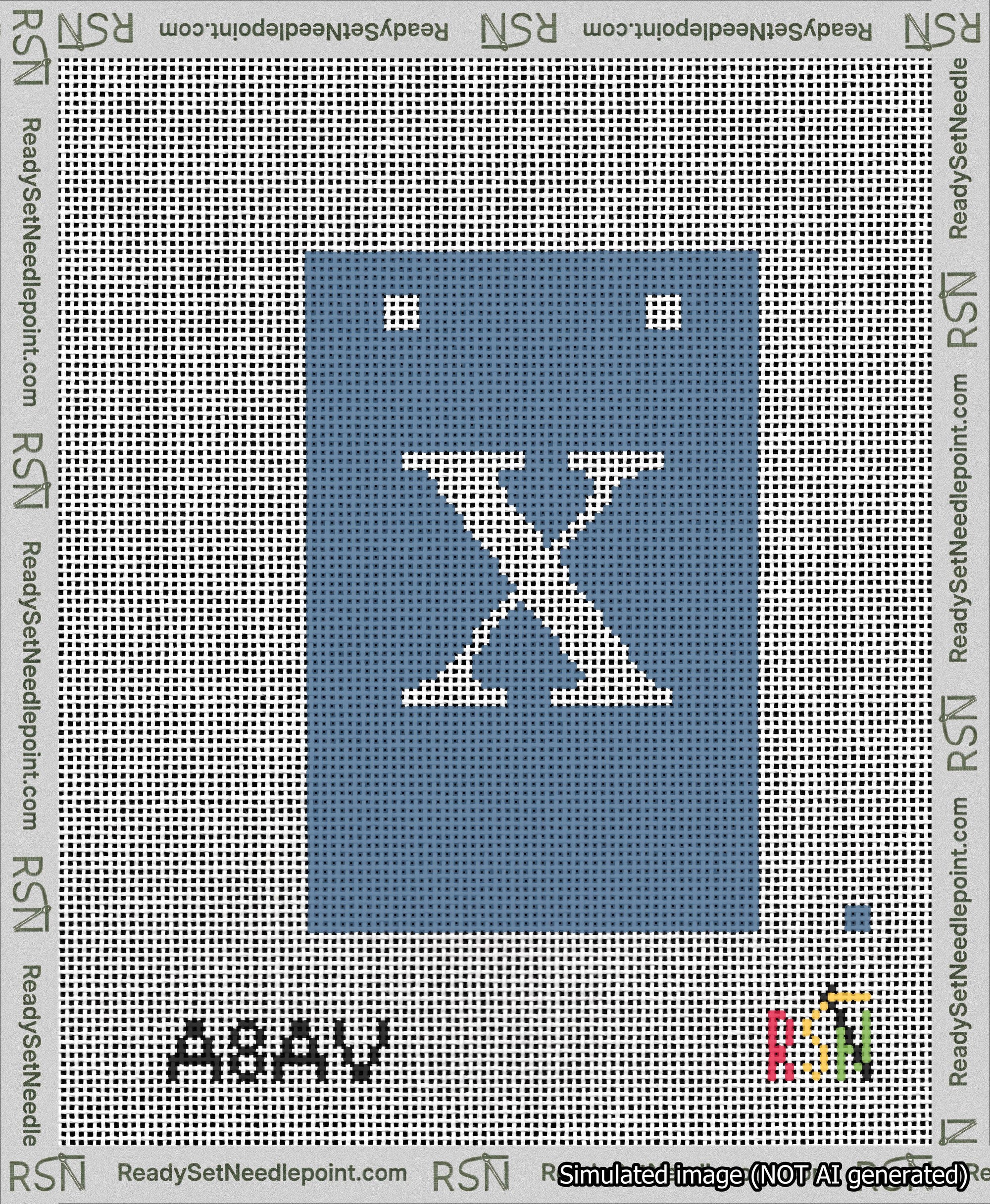 A taped needlepoint canvas with the design: Banner 13 mesh count Squared X White on Blue.