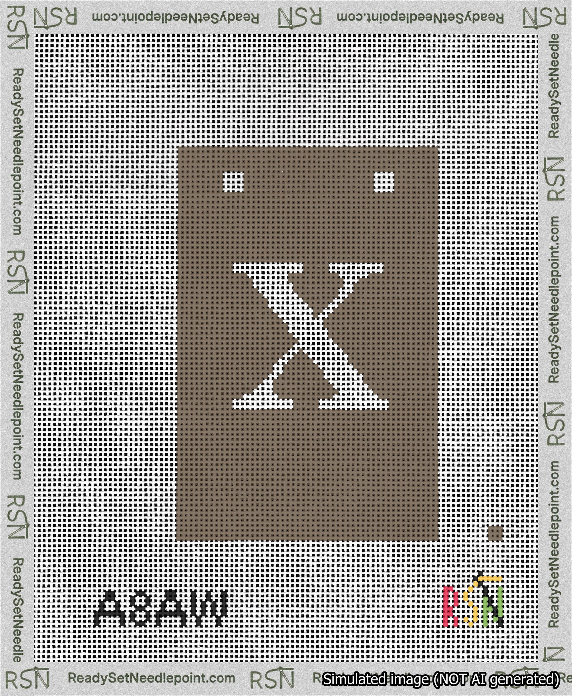 A taped needlepoint canvas with the design: Banner 13 mesh count Squared X White on Brown.