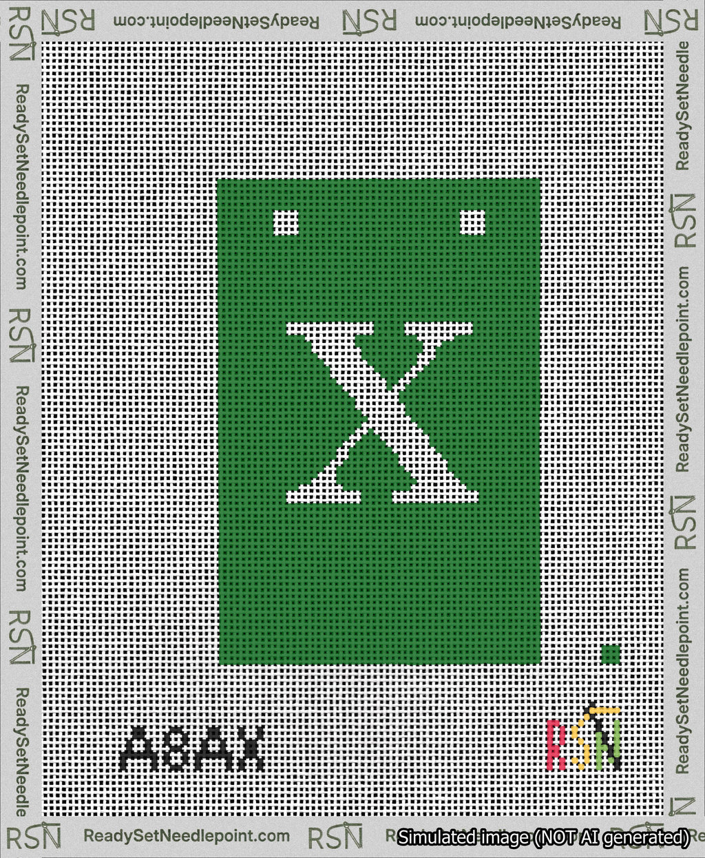 A taped needlepoint canvas with the design: Banner 13 mesh count Squared X White on Green.