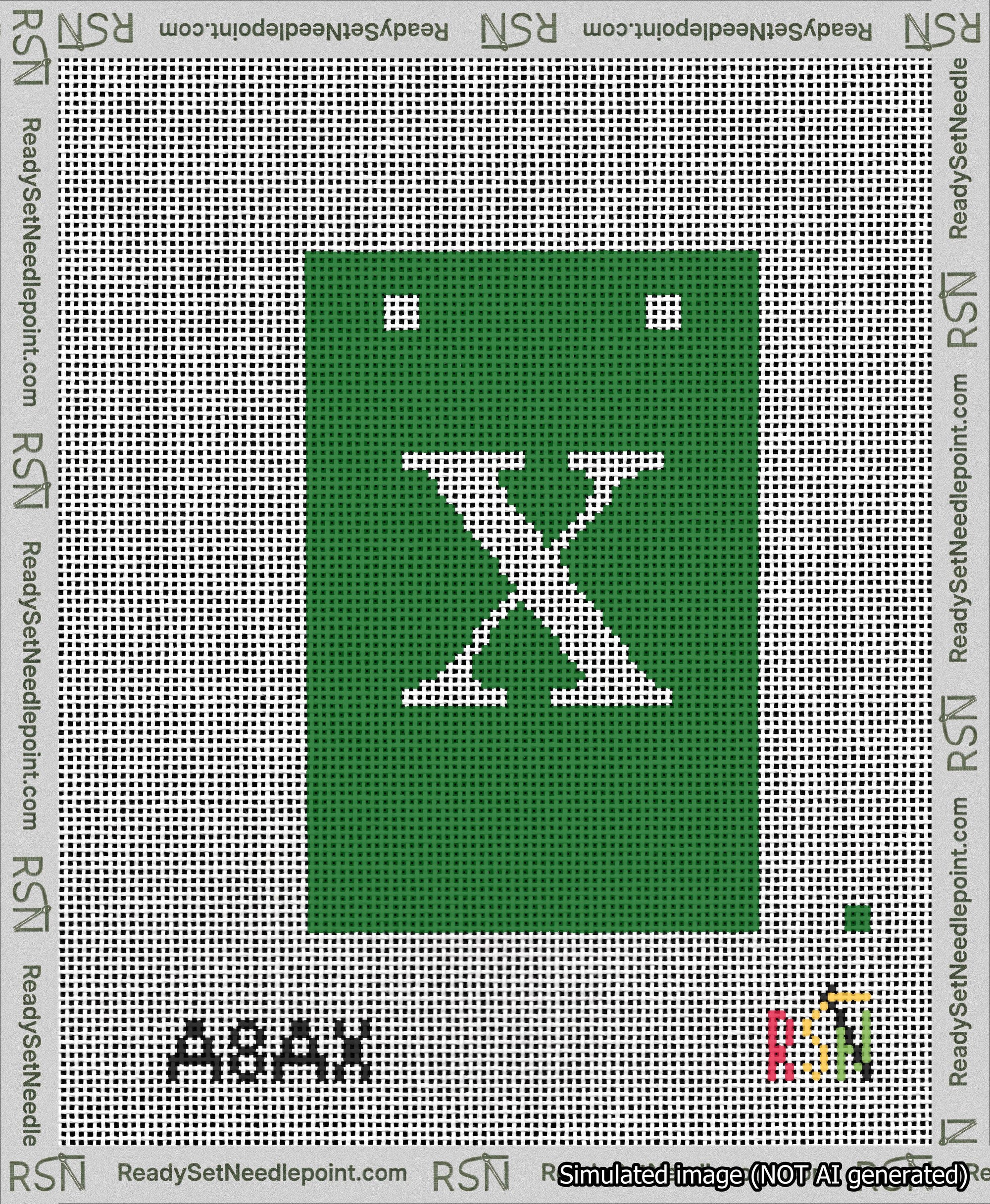 A taped needlepoint canvas with the design: Banner 13 mesh count Squared X White on Green.