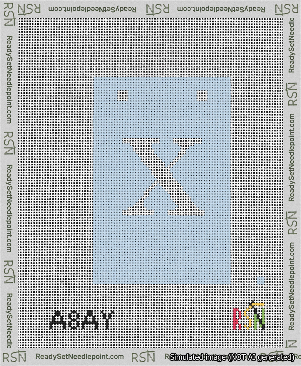 A taped needlepoint canvas with the design: Banner 13 mesh count Squared X White on Light Blue.