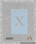 A taped needlepoint canvas with the design: Banner 13 mesh count Squared X White on Light Blue.