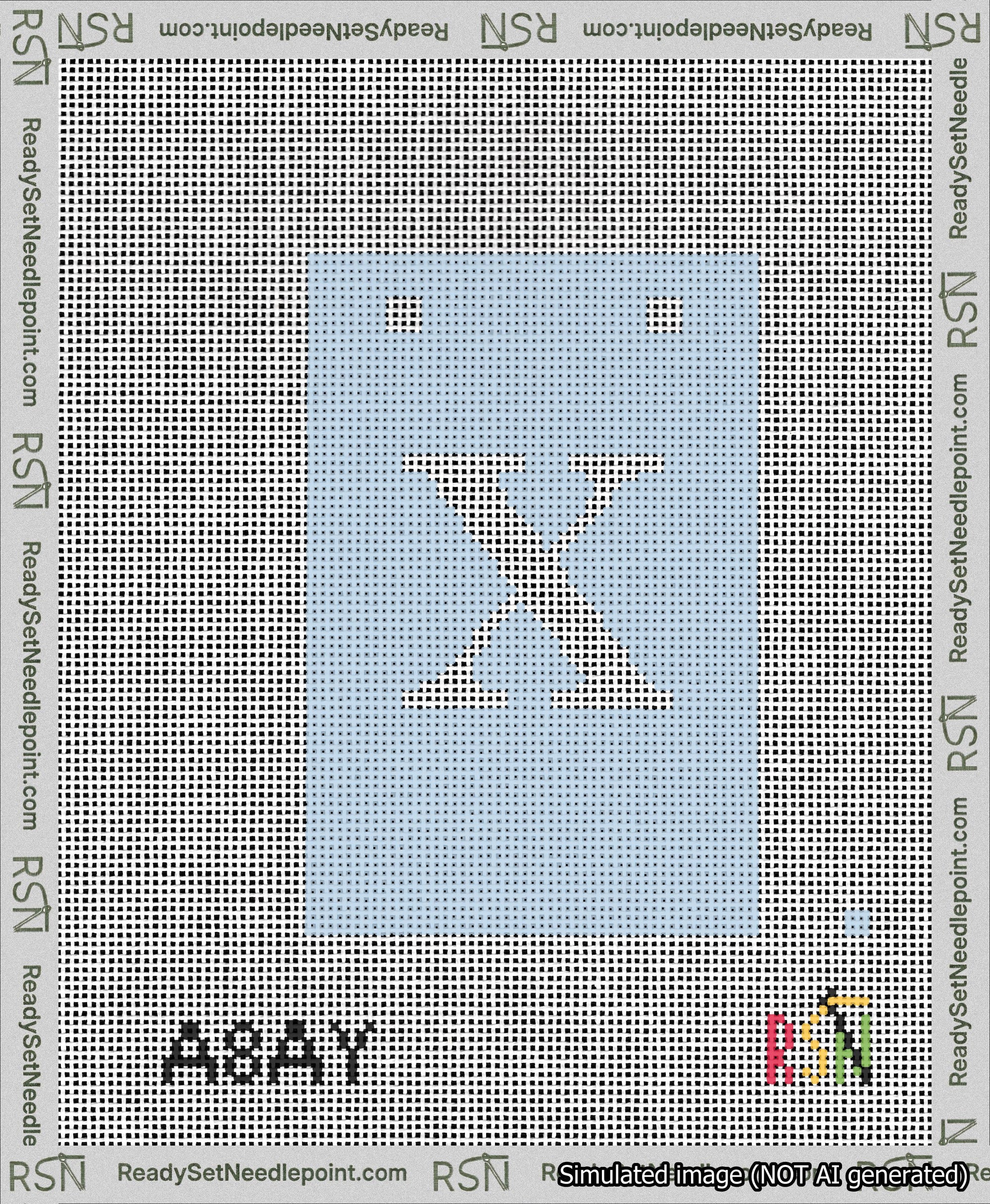 A taped needlepoint canvas with the design: Banner 13 mesh count Squared X White on Light Blue.